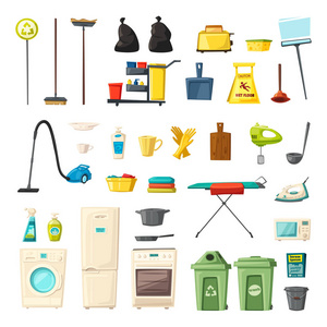 家庭设置和清洁用品图标。卡通矢量插图