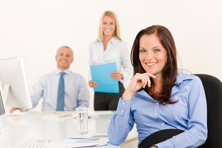 woman pretty smile sit in office colleague