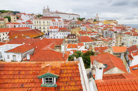 在葡萄牙利斯博亚的红色屋顶上