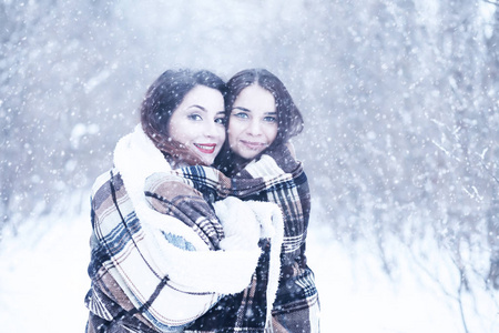 美丽的女孩在美丽的冬天雪