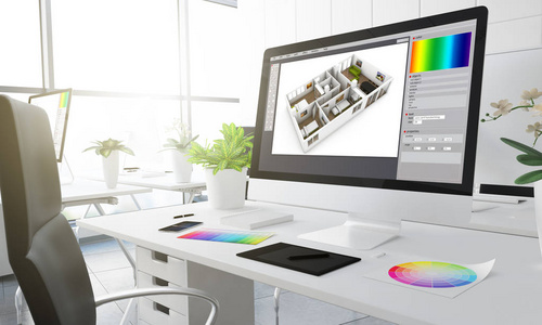 电脑屏幕上的室内设计, 创意工作室与彩色色板在桌子上, 3d 渲染
