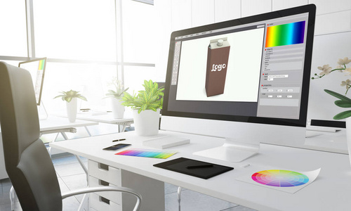 电脑屏幕上的包装设计, 创意工作室与彩色色板在桌子上, 3d 渲染