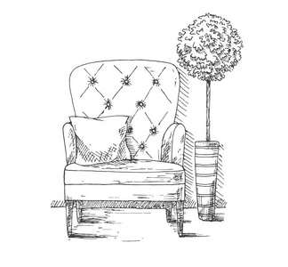 手拉着一个枕头柔软的椅子。附近是一个高大的花盆植物。草图样式中的矢量插图