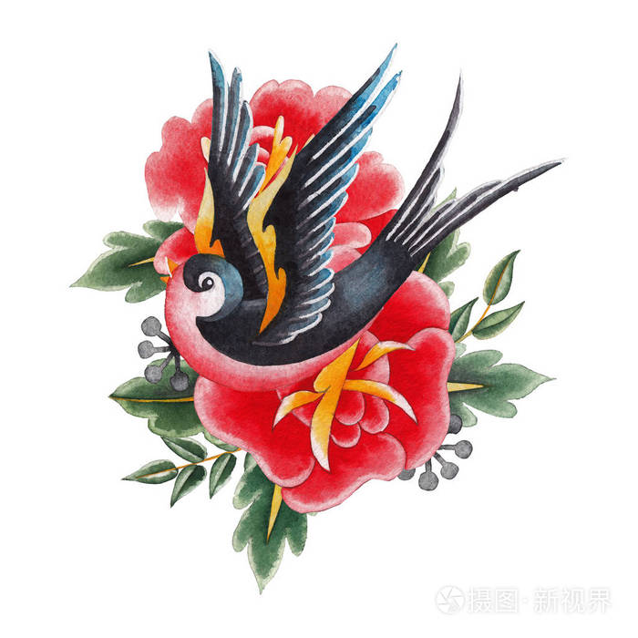 水彩燕子和花