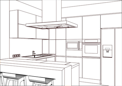 厨房素描。房间里还有一个厨房半岛。厨房和起居室组合