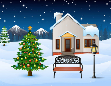 冬天夜背景与房子木长凳和圣诞树在雪山