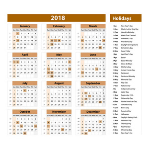 向量2018年新年日历和假日。风格棕颜色, 假日活动计划, 周开始星期日