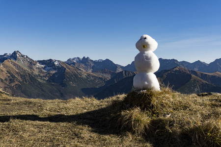 在山峰的背景下的雪人。Tatra 山脉