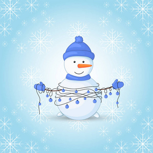 雪人围巾，靴子，手套和一顶帽子，在他们手中的花环。新年和圣诞节的明信片。白色背景上的孤立的对象