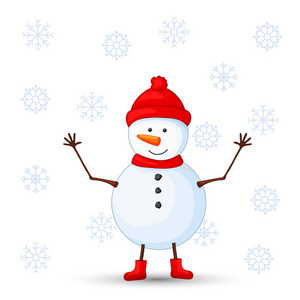 雪人在围巾，靴子。新年和圣诞节的明信片。白色背景上的孤立的对象。模板文本和祝贺