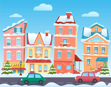 冬季卡通城市景观。矢量圣诞背景与有趣的房子。假日前夕的雪镇