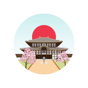 奈良公园春季景观用木龛和樱花樱花树。日本的旅游。矢量设计