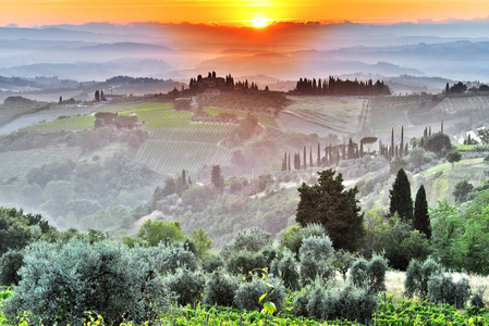 景观图的日出时意大利的托斯卡纳，