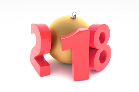 新的2018年红色塑料数字与金黄装饰球