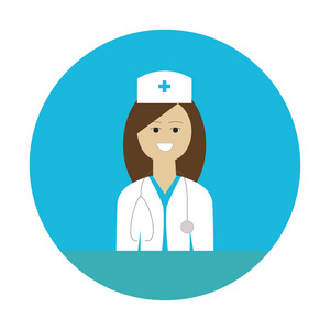 女医生头像图标与一个微笑的女人与平面设计元素。现代风格的标志矢量插画概念。在蓝色背景上隔离。急救, 诊断