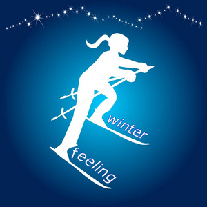 有光泽的蓝色冬天的感觉女性滑雪插画剪影