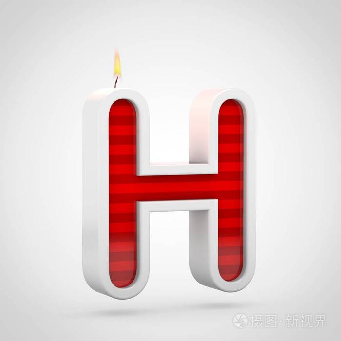 3d 白色背景的红色生日蜡烛字体的渲染, 大写字母 h