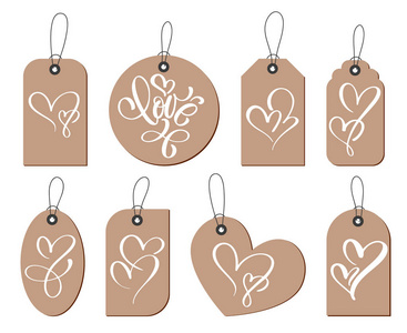 卡拉服特礼物标记与题字爱和二心脏。收集手绘可爱情人节, 结婚, 婚礼, 生日, 爱情, 浪漫主题