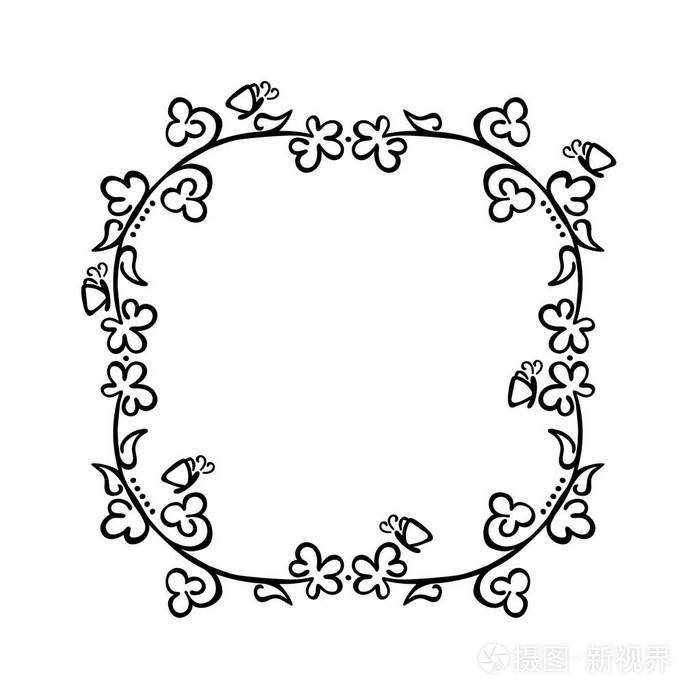 插画 框架.花和蝴蝶.黑白绘图.孤立向量对象.eps