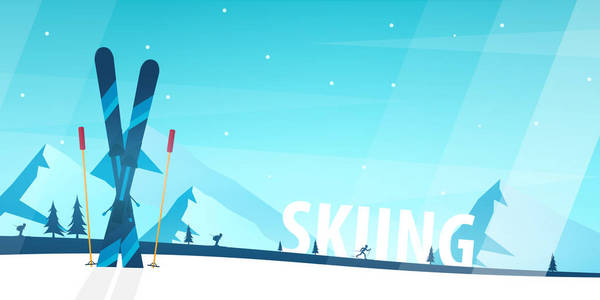 冬季运动。滑雪和滑雪板。山风景。运动员滑雪下坡。矢量插图