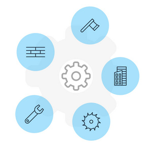 矢量插图5行业图标。可编辑的扳手, 斧头, 圆刀片和其他元素的包