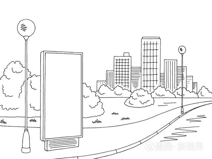 街路图形黑色白色广告牌城市景观素描图矢量插画-正版商用图片03n4qo