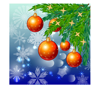 一个方形的蓝色圣诞节背景与雪花, 针叶树枝, 装饰用红色球, 星
