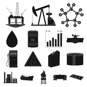 石油工业的黑色图标集合中的设计。设备与采油媒介符号股票网站插图