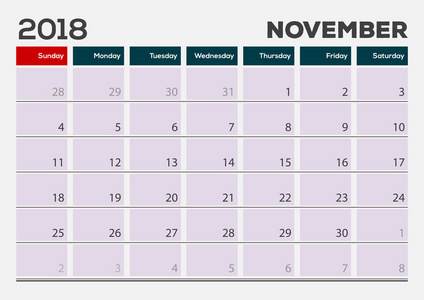 每月桌垫日历模板, 2018年11月。矢量插图