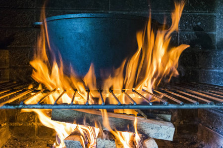 户外烹饪在一碗不锈钢在燃烧的火关闭。夏季烧烤烧烤烧烤的概念