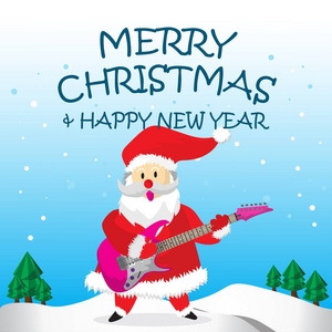 圣诞老人玩摇滚吉他和圣诞快乐卡通