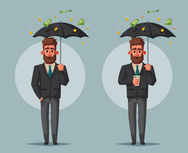成功的, 快乐的生意人在西装与雨伞。卡通矢量插图