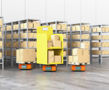 现代仓库中运载货物的橙色机器人载体
