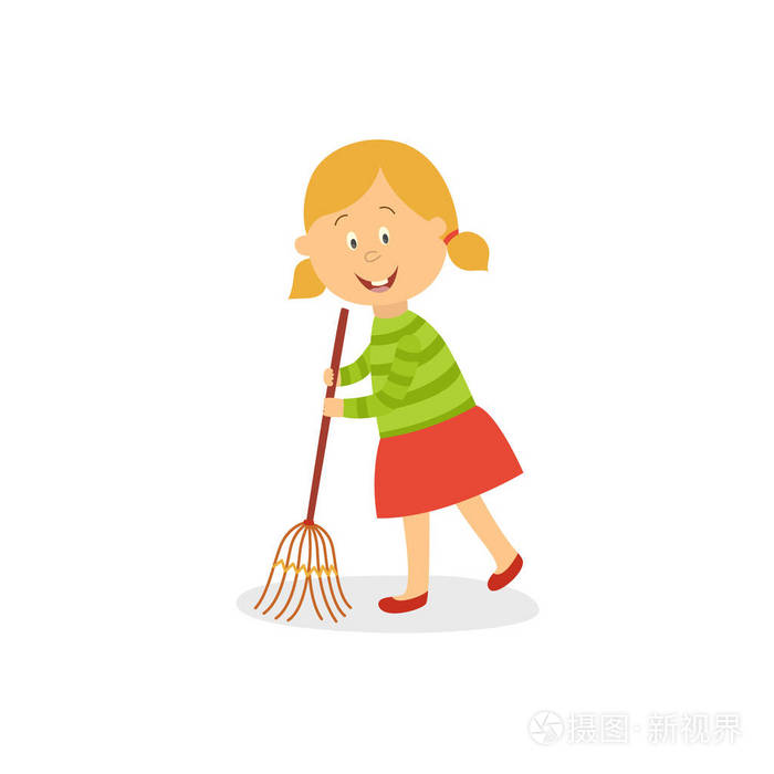 滑稽的小女孩扫地地板用大扫帚