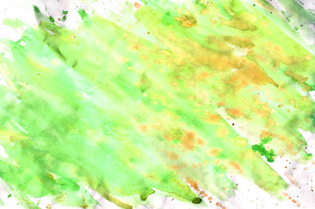 水彩湿的背景。绿色和黄色的颜色。水彩的抽象背景。手绘水彩背景。水彩画水墨画。抽象绘画