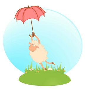 卡通羊在红伞上飞的插图