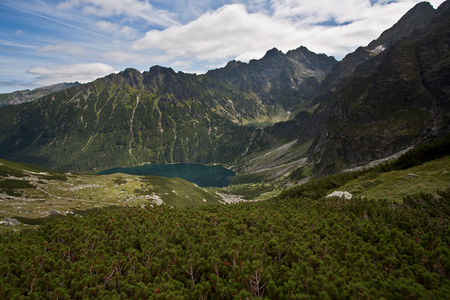 带湖的山景。