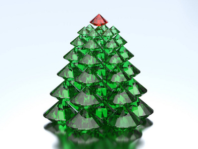 3d 插图绿色钻石圣诞树, 红星