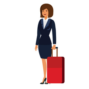 在商务旅行手提箱卡通平面矢量插图概念与孤立的白色背景上的女商人