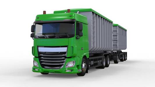 大绿色卡车与分开的拖车, 为运输农业和大厦散装材料和产品。3d 渲染