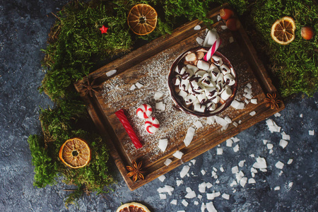 一杯热巧克力或可可粉与棉花糖和肉桂, 圣诞节或新年装饰