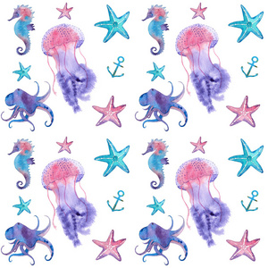 带水母和章鱼的水彩图案