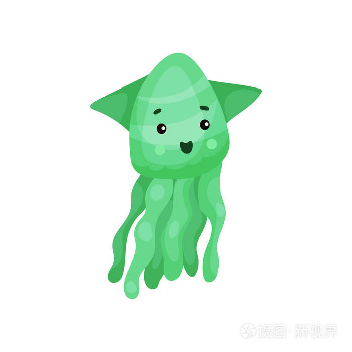 可爱的绿色章鱼卡通人物, 有趣的水下动物矢量插图