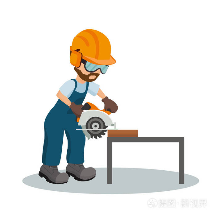 男木匠用工业安全设备用圆锯切割木板.工业锯设计.矢量插图