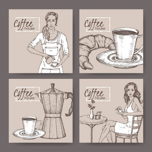 四咖啡屋标签, 咖啡壶, 莫卡锅, 牛角面包和女士客户