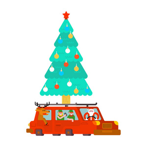 圣诞老人, 鹿和精灵在车里。带上圣诞树和 gi