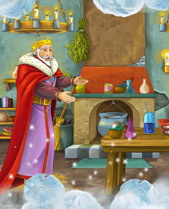 卡通场景与快乐的国王站在厨房与魔术灯儿童插画