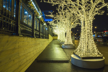 圣诞节 新年假期 装饰在莫斯科 在晚上, 俄国