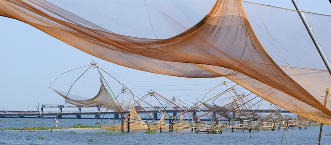 中国捕鱼网。印度喀拉拉邦文伯纳德湖