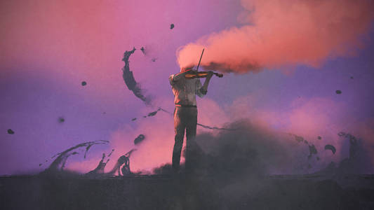 神秘音乐家的超现实主义的概念与彩色烟雾演奏小提琴, 数字艺术风格, 插图绘画